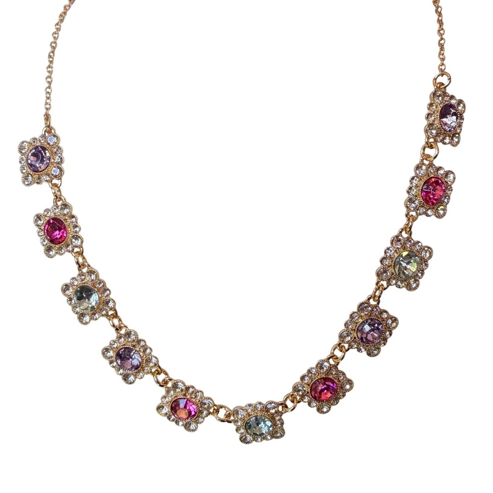 Vintage Monet Pink‎ Lavender Crystal Floral Necklace Sample OOAK Gold Tone